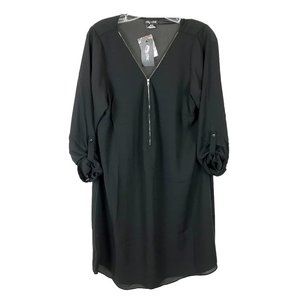 NWT Womens Size 14 City Chic Black Front Zip Roll Tab Sleeve Mini Dress